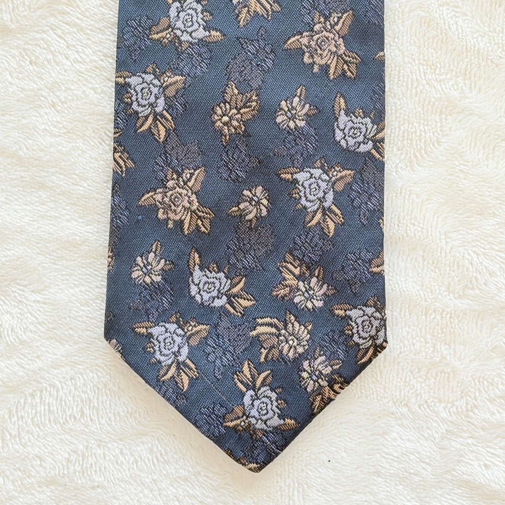 Oleg Cassini Blue Floral Brocade Silk Blend Necktie Men OS Excellent